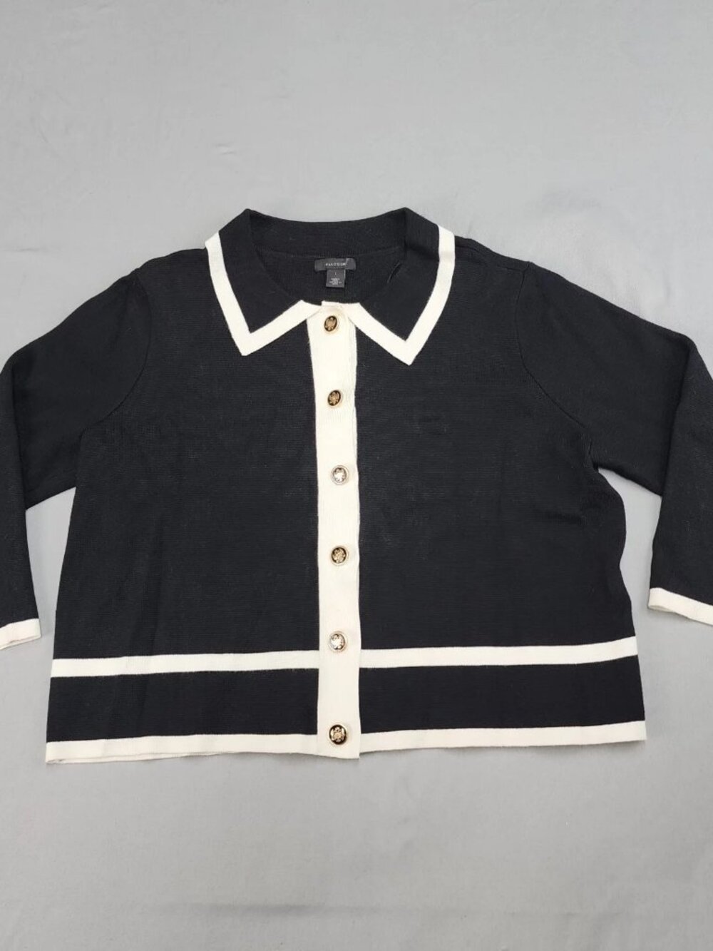Halogen Womens Cardigan Sweater Size L Black White Trim Gold Buttons Collared